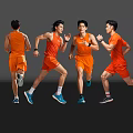 Dynamic Men Running in Orange Sportswear on Gray Reflective Background