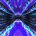 Person Standing In Symmetric Neon Light Design With Purple Pink Geometric Patterns