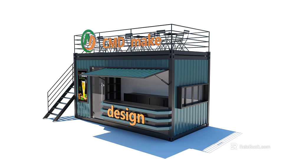 Gold Coffee Container Shop Design With Blue Exterior Terrace And Awning 3d model 