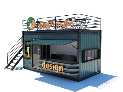 Gold Coffee Container Shop Design With Blue Exterior Terrace And Awning 3d model