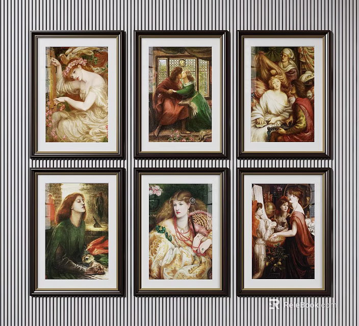 Six Classical Figurative Portrait Paintings With Decorative Frames And Artistic Scenes 3d model 