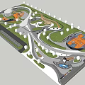 Urban Park Landscape Design With Green Lawns Curved Pathways And Basketball Court