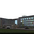 Modern Hospital Building Exterior With Glass Windows Colorful Facade Green Lawn And Parked Vehicles