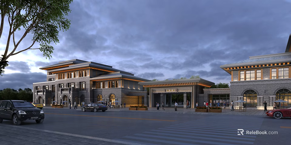 Modern Commercial Street View With Traditional Architecture Entrance Porch Parked Cars And Pedestrians 3d model 