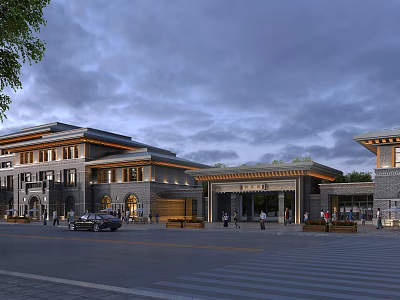 Modern Commercial Street View With Traditional Architecture Entrance Porch Parked Cars And Pedestrians 3d model