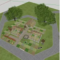 Rural Landscape Featuring Glass Greenhouses Vegetable Gardens Pathways and Trees