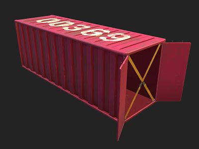 Red Industrial Shipping Container With Open Door Yellow Cross Bars And Number Markings 3d model