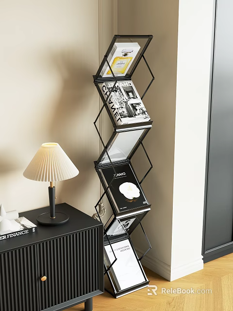 Modern Geometric Bookshelf With VOGUE Magazines Table Lamp And Side Cabinet 3d model 
