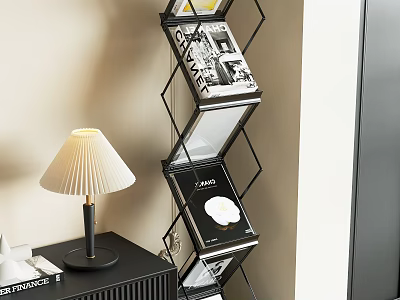 Modern Geometric Bookshelf With VOGUE Magazines Table Lamp And Side Cabinet 3d model