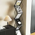 Modern Geometric Bookshelf With VOGUE Magazines Table Lamp And Side Cabinet