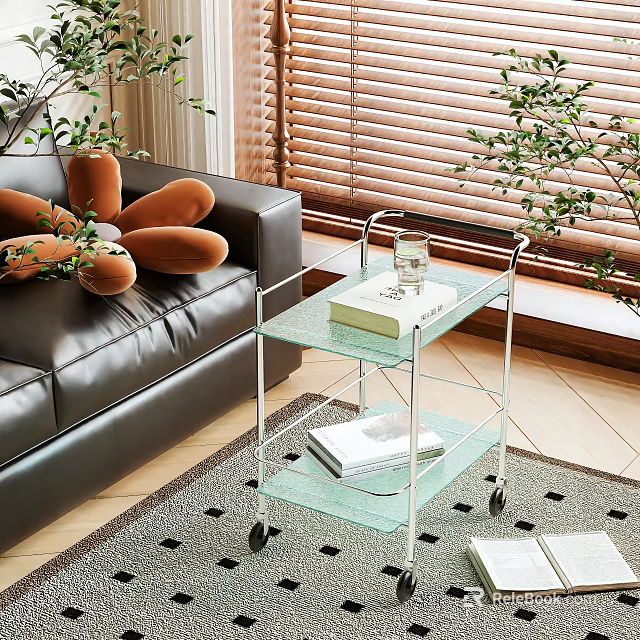 Modern Rolling Side Table with Glass Shelves and Wheels in Living Room with Plants 3d model 