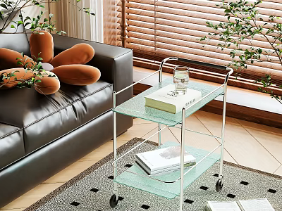 Modern Rolling Side Table with Glass Shelves and Wheels in Living Room with Plants 3d model