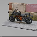 Sporty Black and Orange Motorcycle Displayed On Gray Platform With Red Pink Wall Background