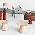 Modern Desk Setup With Table Lamp Laptop Green Plant And Wooden Stools