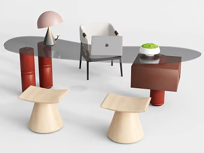 Modern Desk Setup With Table Lamp Laptop Green Plant And Wooden Stools 3d model