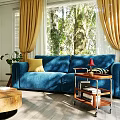 Living Room Interior Design With Blue Sofa Yellow Curtains Plants Wooden Coffee Tables And Trees