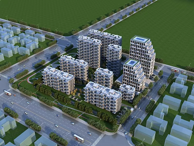 Aerial Planning of Modern Residential Area With High Rise Buildings Green Spaces And Roads 3d model