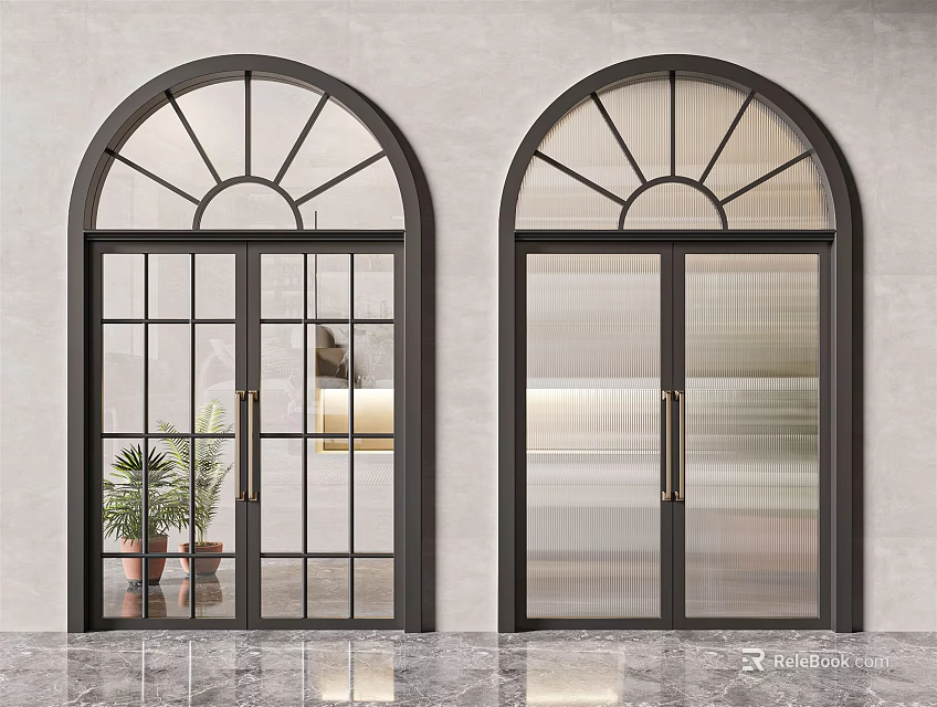 Double Doors With Arched Top Black Frame Lattice And Frosted Glass Gray Wall Marble Floor 3d model 