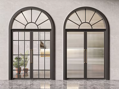 Double Doors With Arched Top Black Frame Lattice And Frosted Glass Gray Wall Marble Floor 3d model