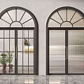 Double Doors With Arched Top Black Frame Lattice And Frosted Glass Gray Wall Marble Floor