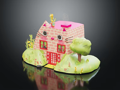 Cartoon Scene Featuring Cat Shaped Pink House With Green Grass Small Trees And Yellow Steps 3d model