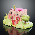 Cartoon Scene Featuring Cat Shaped Pink House With Green Grass Small Trees And Yellow Steps