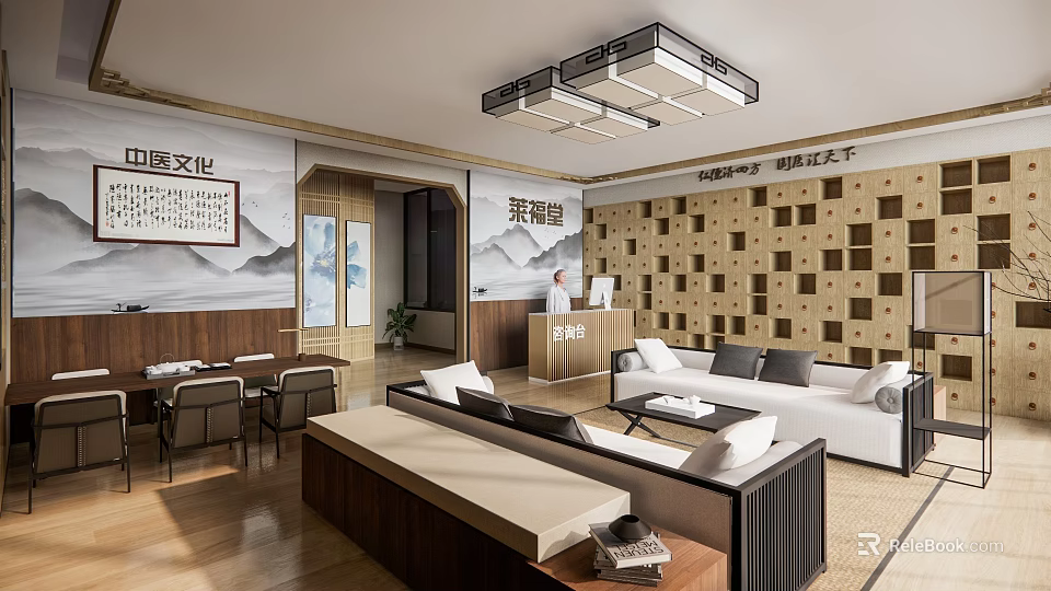Hospital Outpatient Clinic Waiting Area With Traditional Chinese Style Elegant Interior And Reception Desk 3d model 
