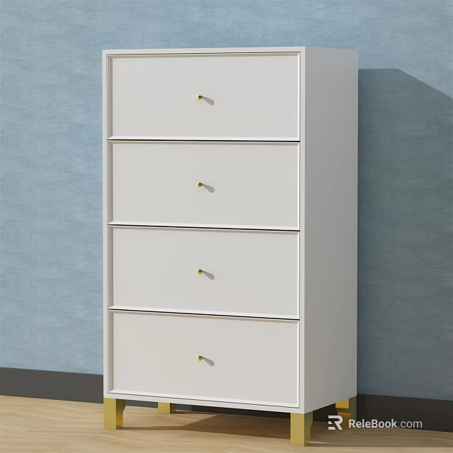 White Modern Chest of Drawers with Four Drawers and Gold Handles Against Light Blue Wall 3d model 