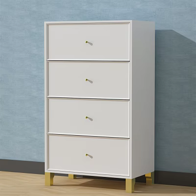 White Modern Chest of Drawers with Four Drawers and Gold Handles Against Light Blue Wall 3d model