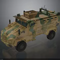 Camouflage Painted Military Vehicle With Armored Body And Roof Mounted Antenna