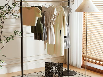 Clothing Rack with Hanging Clothes and a Chanel Bag Near Window with Blinds 3d model