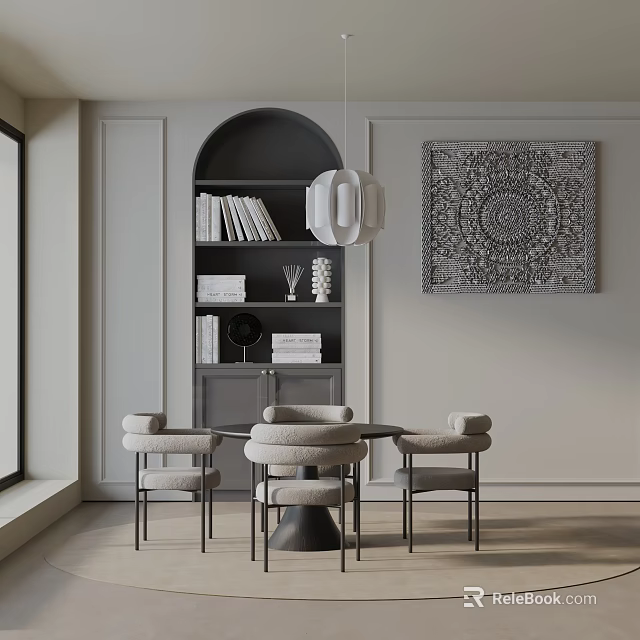 Modern Minimalist Dining Table Set With Four Chairs Bookshelf Decorative Wall Art And Pendant Light 3d model 
