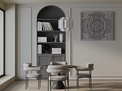 Modern Minimalist Dining Table Set With Four Chairs Bookshelf Decorative Wall Art And Pendant Light 3d model
