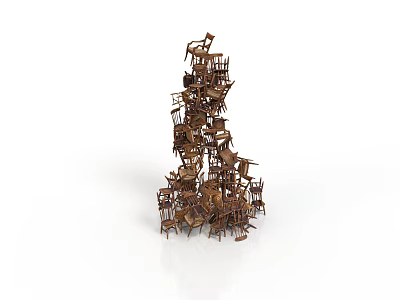 Creative Wooden Chairs Stacked to Form an Artistic Furniture Tower Display Structure 3d model