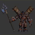 Man in Tribal Warrior Outfit Holding Blue Weapon with Scrolls on Back