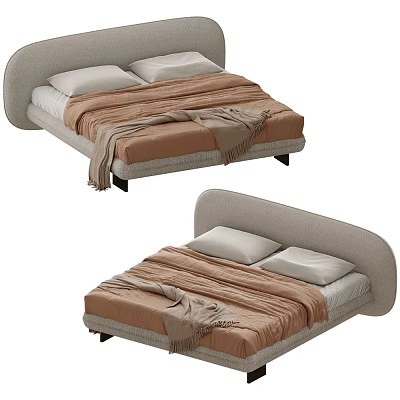 Modern Double Bed With Curved Light Gray Headboard And Brown Blanket White Pillows 3d model