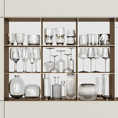 Home Display of Various Glass Cups and Wine Glasses On Wooden Shelf 3d model