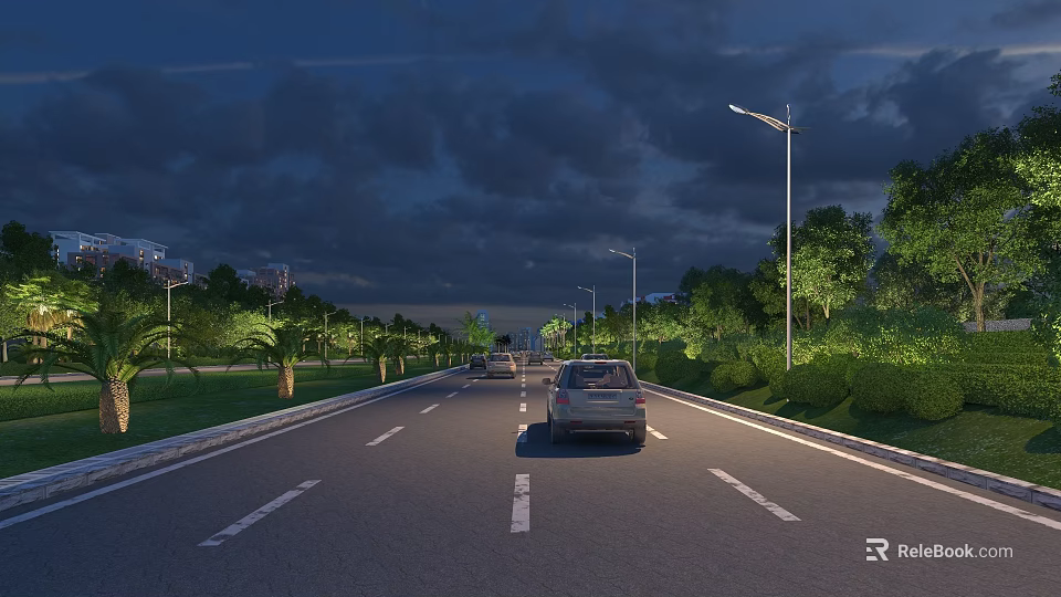 Nighttime Road Facilities With Street Lights Lane Markings Green Belts And Trees 3d model 