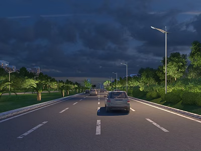 Nighttime Road Facilities With Street Lights Lane Markings Green Belts And Trees 3d model
