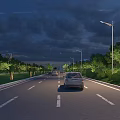 Nighttime Road Facilities With Street Lights Lane Markings Green Belts And Trees