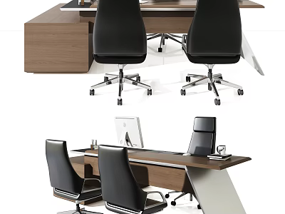 Modern Office Desk With Black Swivel Chairs And Laptop On Spacious Desktop 3d model