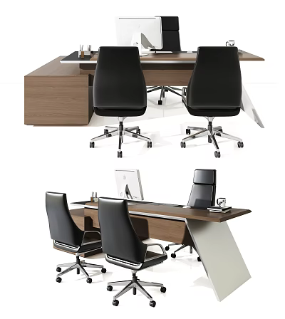 Modern Office Desk With Black Swivel Chairs And Laptop On Spacious Desktop 3d model