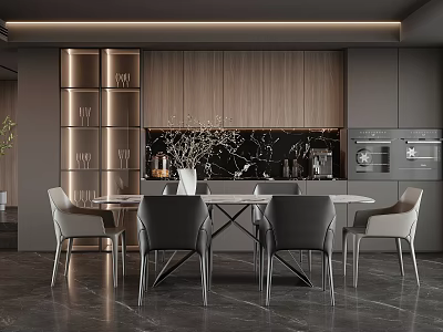 Modern Restaurant Interior Design With Round Dining Table Gray Chairs And Wooden Cabinets 3d model