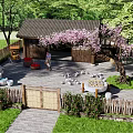 Rustic Wooden Homestay Building with Wooden Gate and Pink Flowering Tree in Green Surroundings