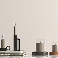 Minimalist Modern Decorative Ornament Set With Candle Holders And Stacked Books Tabletop