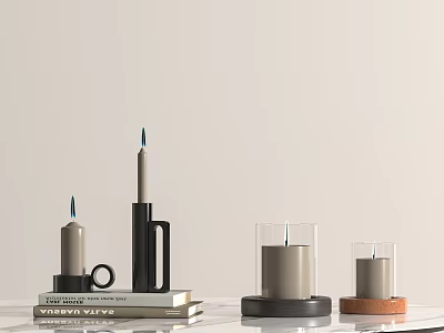 Minimalist Modern Decorative Ornament Set With Candle Holders And Stacked Books Tabletop 3d model