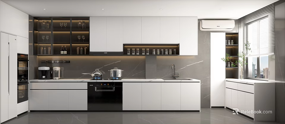 Modern Kitchen Interior Featuring White Cabinets Black Appliances Glass Door Cabinets And Countertop 3d model 