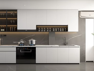 Modern Kitchen Interior Featuring White Cabinets Black Appliances Glass Door Cabinets And Countertop 3d model