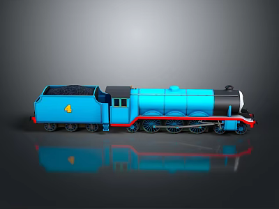 Blue Steam Train Model With Number 4 Black Coal Bin And Red Accents 3d model