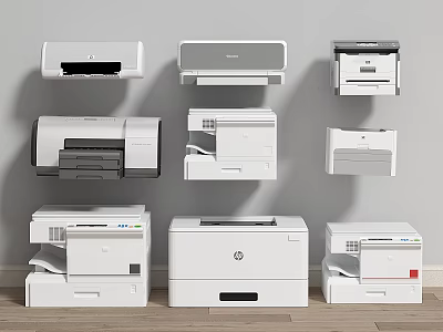 Various White Printers Including HP Epson Models Wall Mounted And Floor Standing 3d model